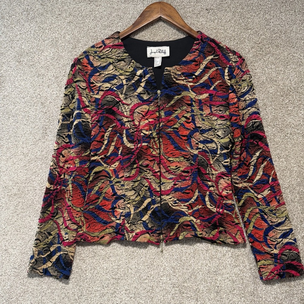Joseph Ribkoff Textured Jacket Size 8 Artsy Festival Abstract Waves Zip Up VTG
